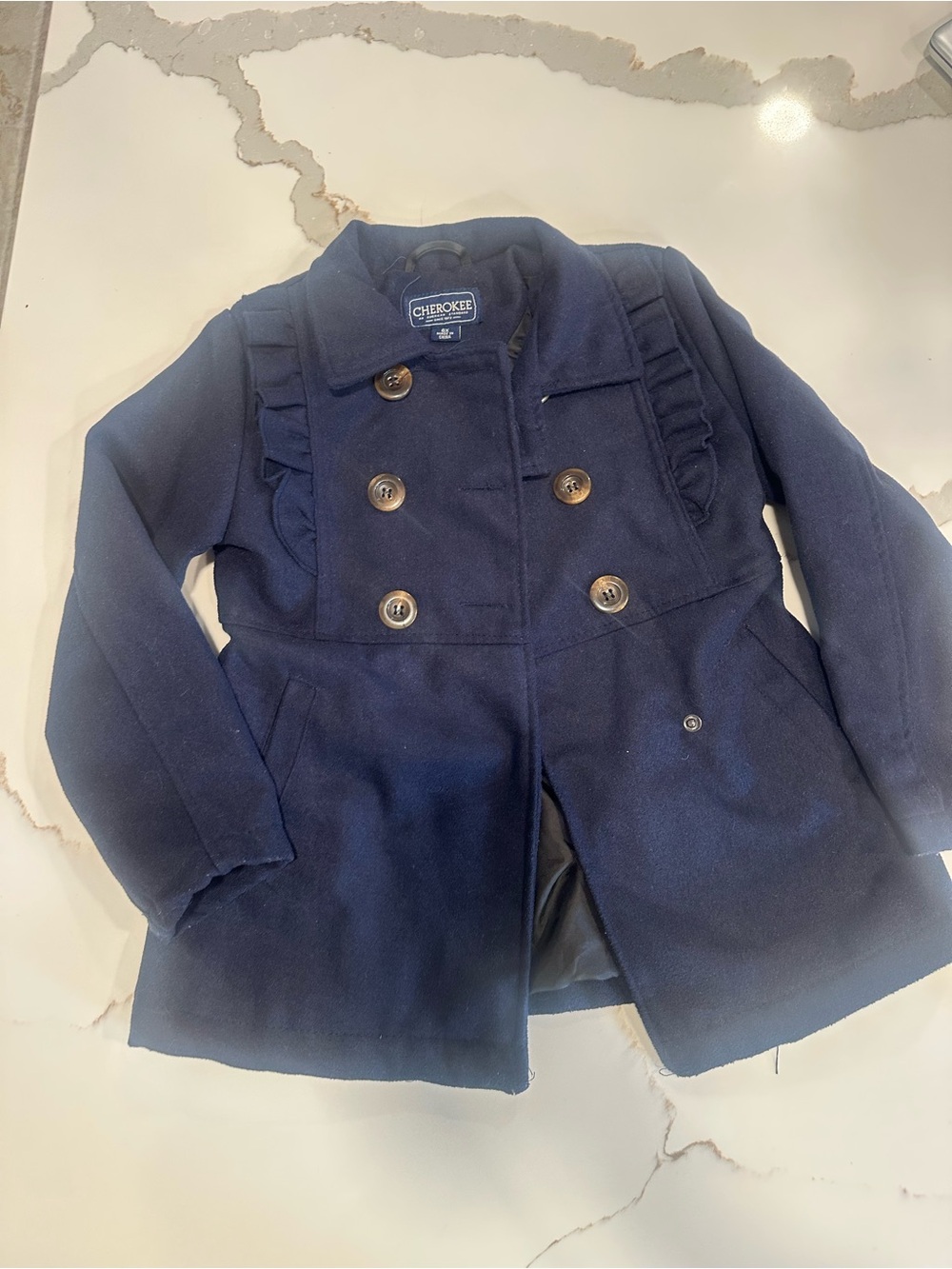 Cherokee Navy Double-Breasted Girls' Pea Coat with Ruffle Detail